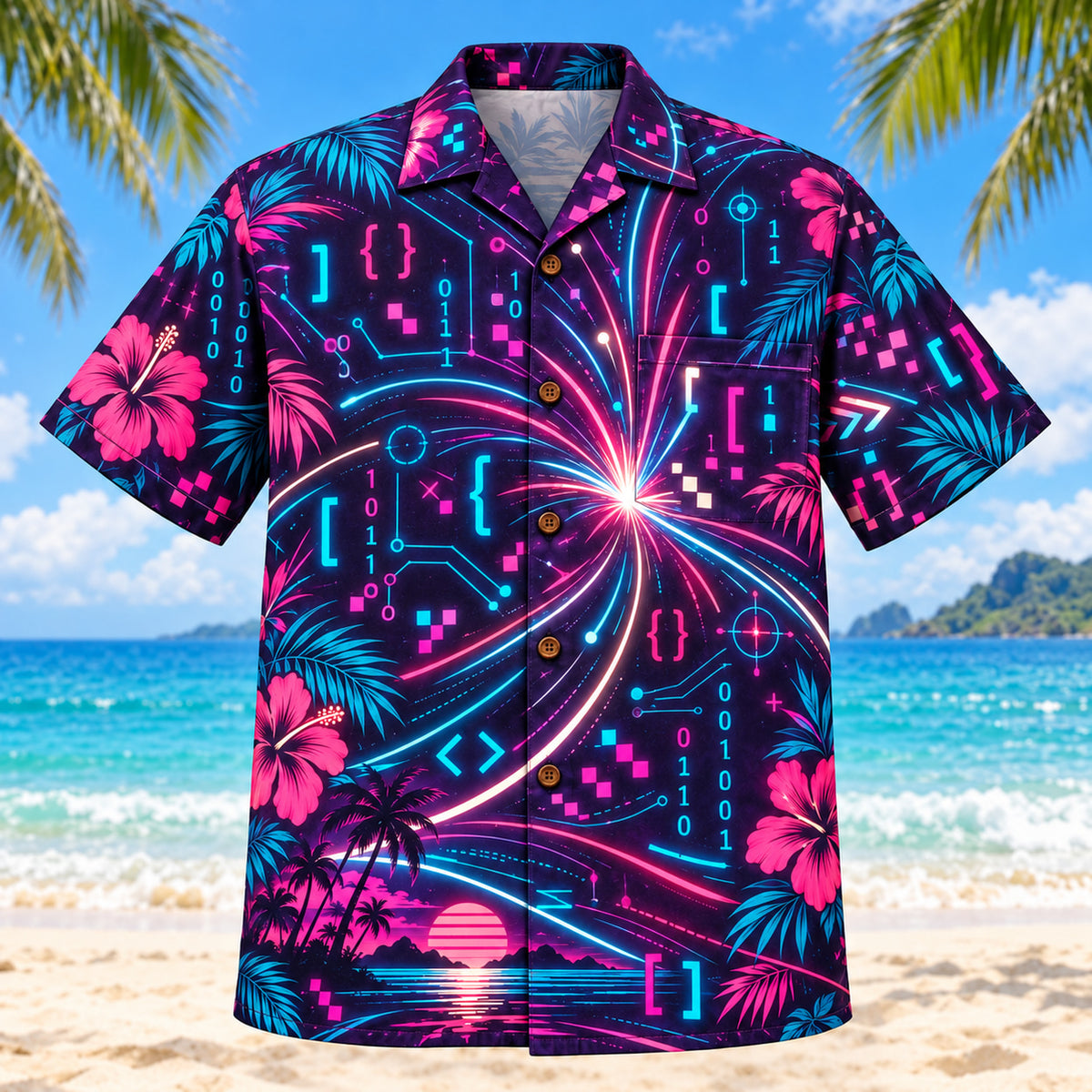Front view of Neon Burst Programmer Hawaiian Shirt with radiating neon flashes, dynamic curves and original brackets, readable self-written pseudocode, binary patterns, pixels and invented debugging symbols