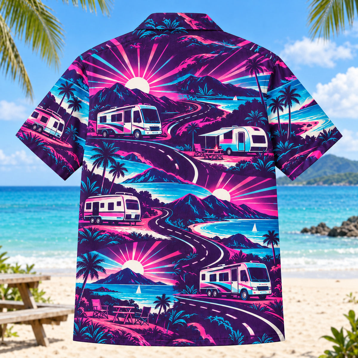 Back view of Neon Burst RV and Travel Trailer Hawaiian Shirt with matching rv and travel trailer artwork in dark plum, hot pink, cyan, warm white