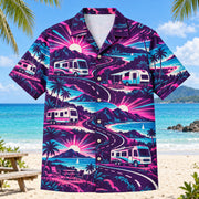 Front view of Neon Burst RV and Travel Trailer Hawaiian Shirt with radiating neon flashes, dynamic curves and imaginary RVs and travel trailers, open roads, hills and picnic furniture