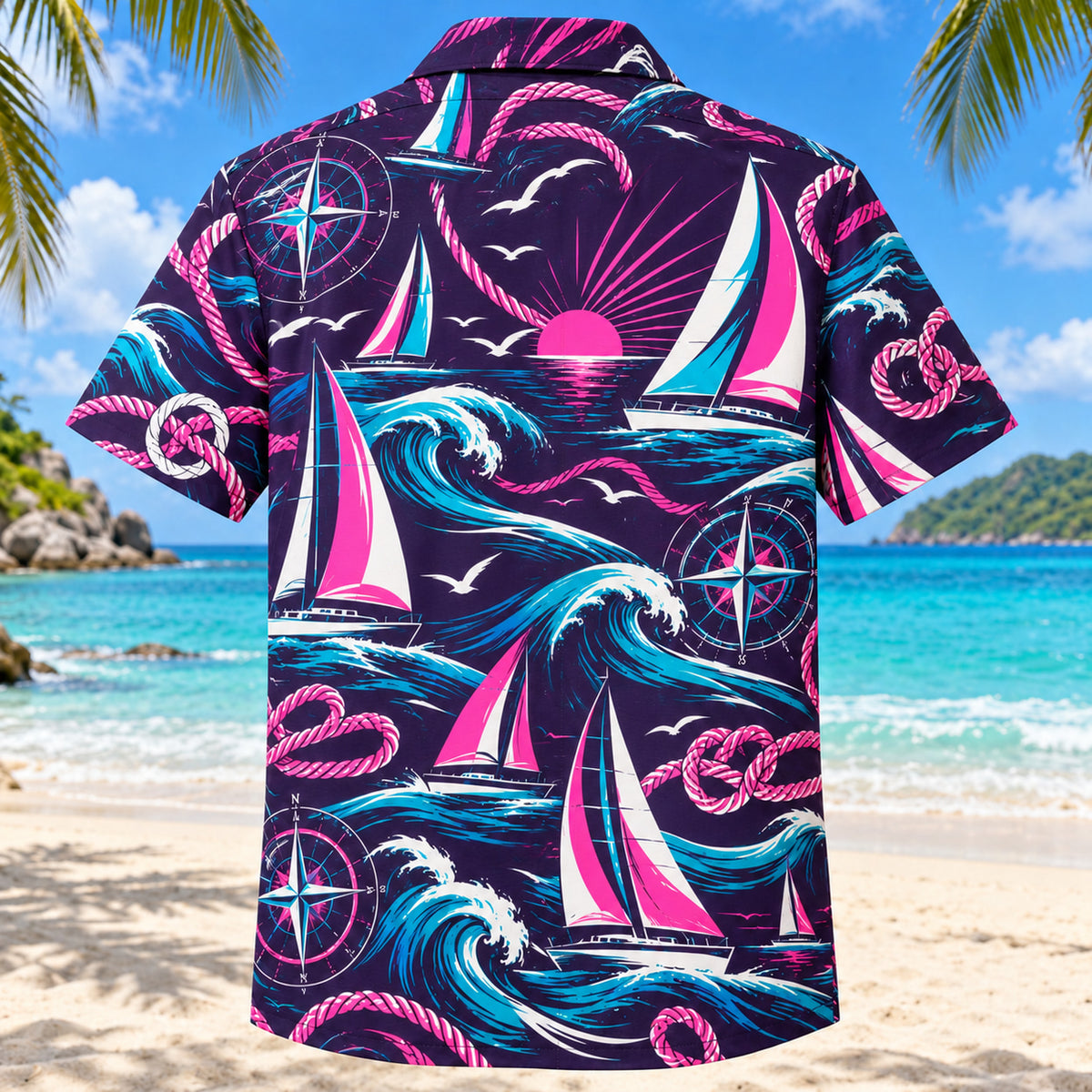 Back view of Neon Burst Sailing Hawaiian Shirt with matching sailing artwork in dark plum, hot pink, cyan, warm white