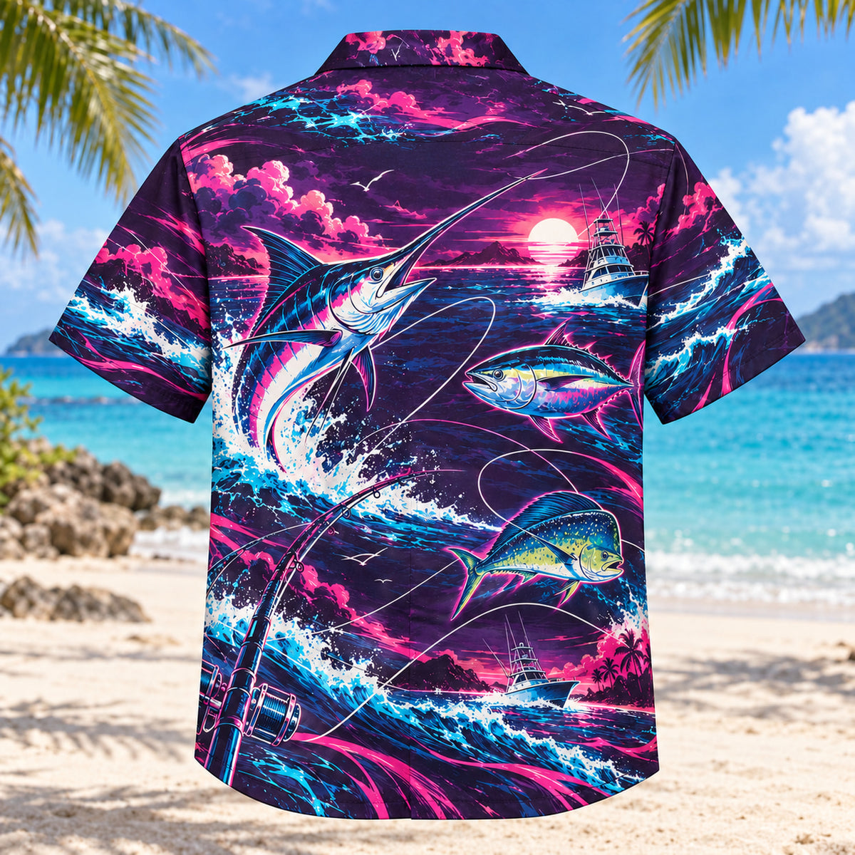 Back view of Neon Burst Saltwater Fishing Hawaiian Shirt with matching saltwater fishing artwork in dark plum, hot pink, cyan, warm white