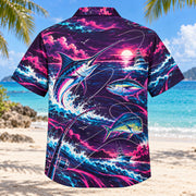 Back view of Neon Burst Saltwater Fishing Hawaiian Shirt with matching saltwater fishing artwork in dark plum, hot pink, cyan, warm white