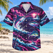 Front view of Neon Burst Saltwater Fishing Hawaiian Shirt with radiating neon flashes, dynamic curves and original marlin, tuna and mahi-mahi silhouettes, fishing lines and imaginary offshore boats
