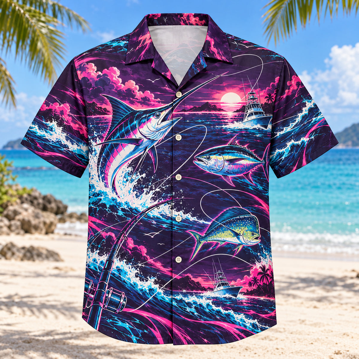 Front view of Neon Burst Saltwater Fishing Hawaiian Shirt with radiating neon flashes, dynamic curves and original marlin, tuna and mahi-mahi silhouettes, fishing lines and imaginary offshore boats