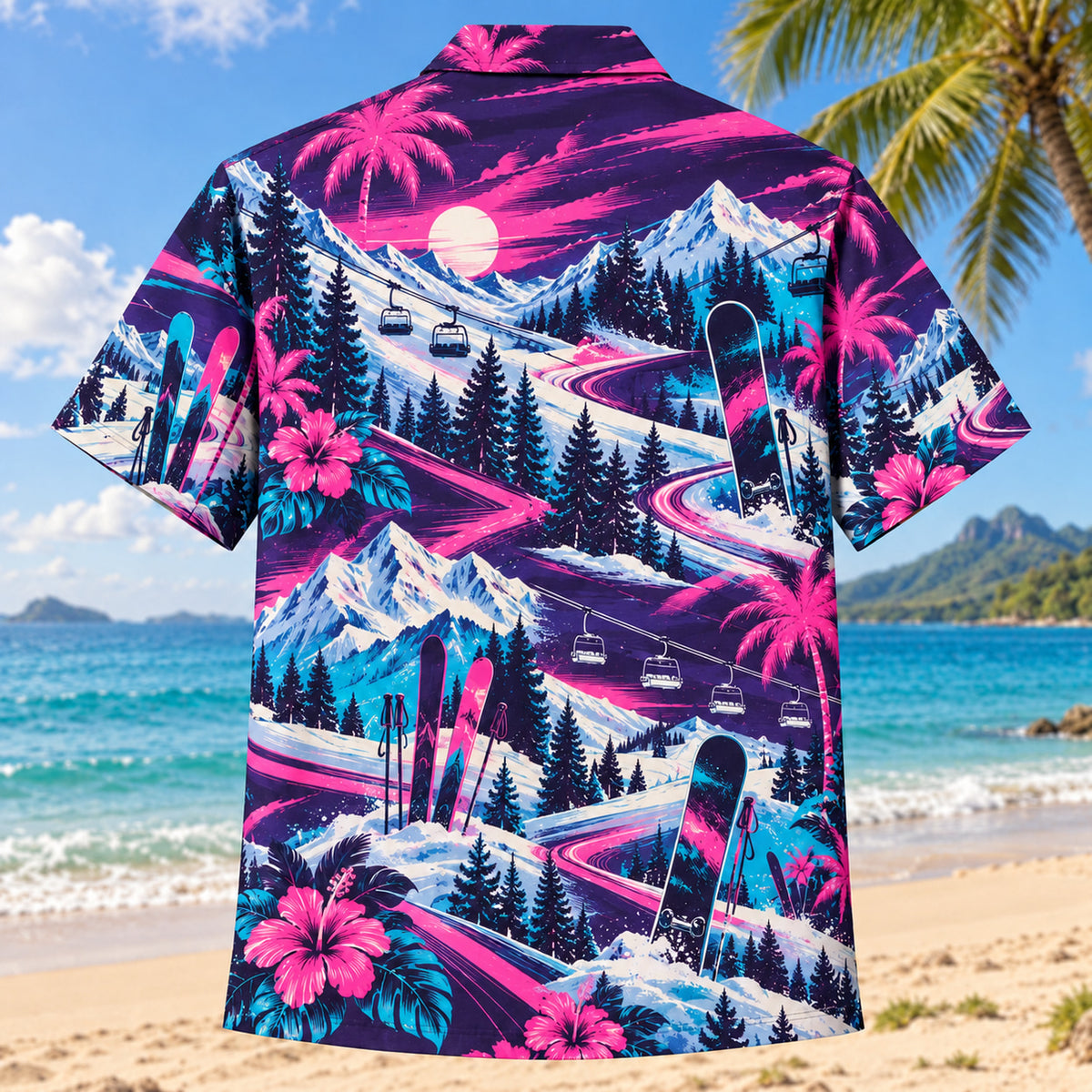 Back view of Neon Burst Ski and Snowboard Hawaiian Shirt with matching ski and snowboard artwork in dark plum, hot pink, cyan, warm white