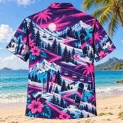 Back view of Neon Burst Ski and Snowboard Hawaiian Shirt with matching ski and snowboard artwork in dark plum, hot pink, cyan, warm white