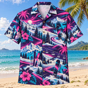 Front view of Neon Burst Ski and Snowboard Hawaiian Shirt with radiating neon flashes, dynamic curves and plain skis, unbranded snowboards, chairlifts and snow peaks