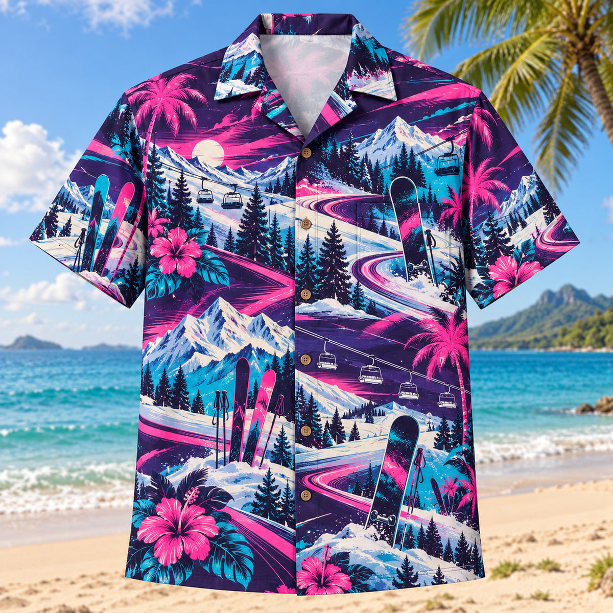 Front view of Neon Burst Ski and Snowboard Hawaiian Shirt with radiating neon flashes, dynamic curves and plain skis, unbranded snowboards, chairlifts and snow peaks