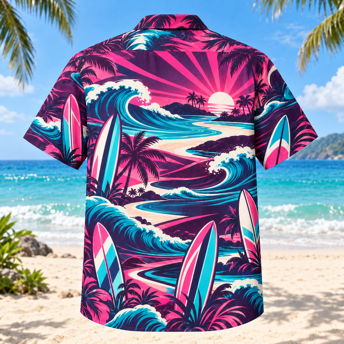 Back view of Neon Burst Surfing Hawaiian Shirt with matching surfing artwork in dark plum, hot pink, cyan, warm white