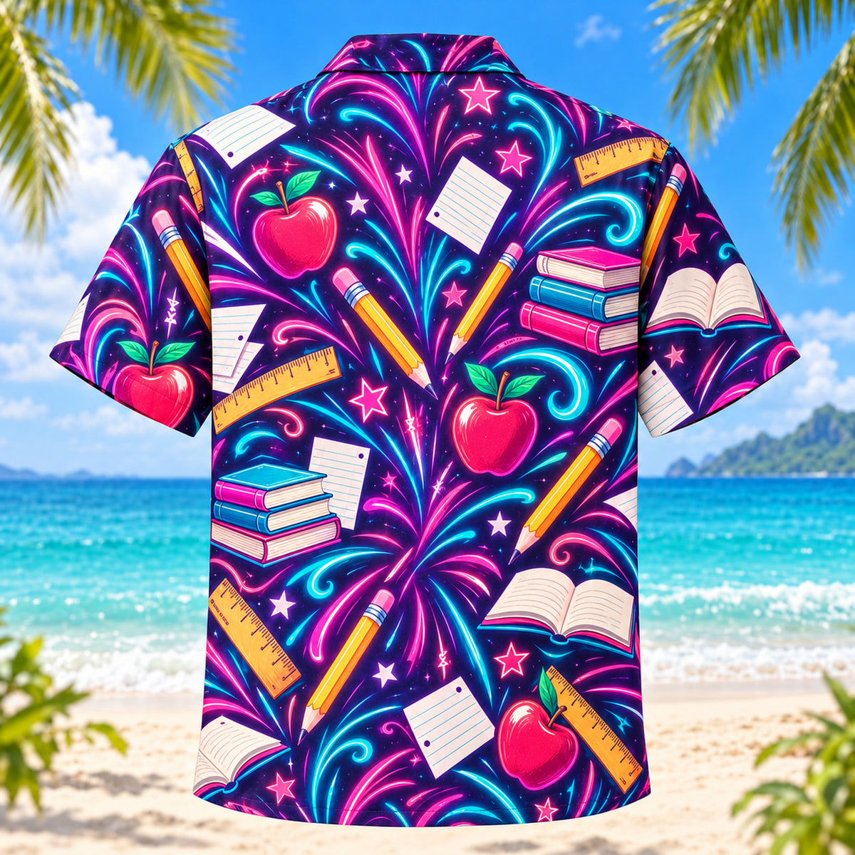 Back view of Neon Burst Teacher Hawaiian Shirt with matching teacher artwork in dark plum, hot pink, cyan, warm white