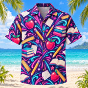 Front view of Neon Burst Teacher Hawaiian Shirt with radiating neon flashes, dynamic curves and original pencils, apples, rulers, books and sheets of paper