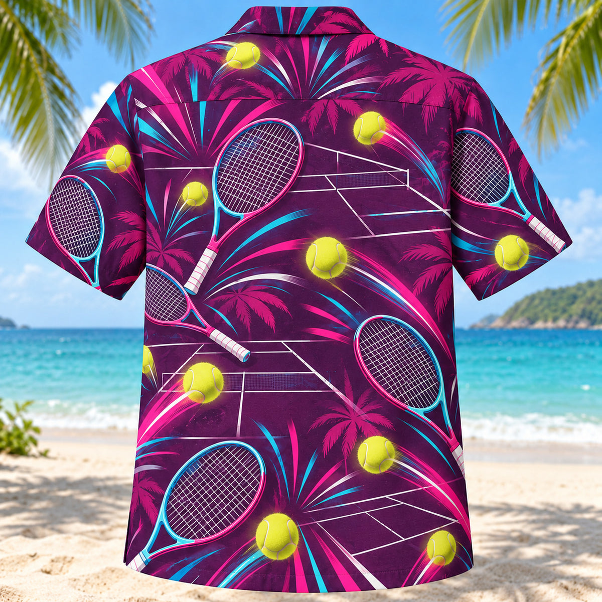 Back view of Neon Burst Tennis Hawaiian Shirt with matching tennis artwork in dark plum, hot pink, cyan, warm white