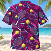 Back view of Neon Burst Tennis Hawaiian Shirt with matching tennis artwork in dark plum, hot pink, cyan, warm white