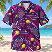 Front view of Neon Burst Tennis Hawaiian Shirt with radiating neon flashes, dynamic curves and unbranded tennis rackets, fuzzy yellow balls and tennis court linework