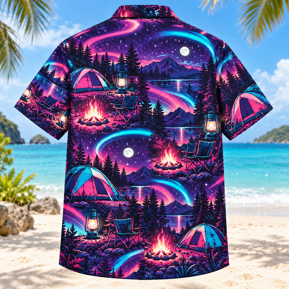 Back view of Neon Burst Tent Camping Hawaiian Shirt with matching tent camping artwork in dark plum, hot pink, cyan, warm white