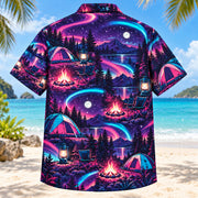 Back view of Neon Burst Tent Camping Hawaiian Shirt with matching tent camping artwork in dark plum, hot pink, cyan, warm white