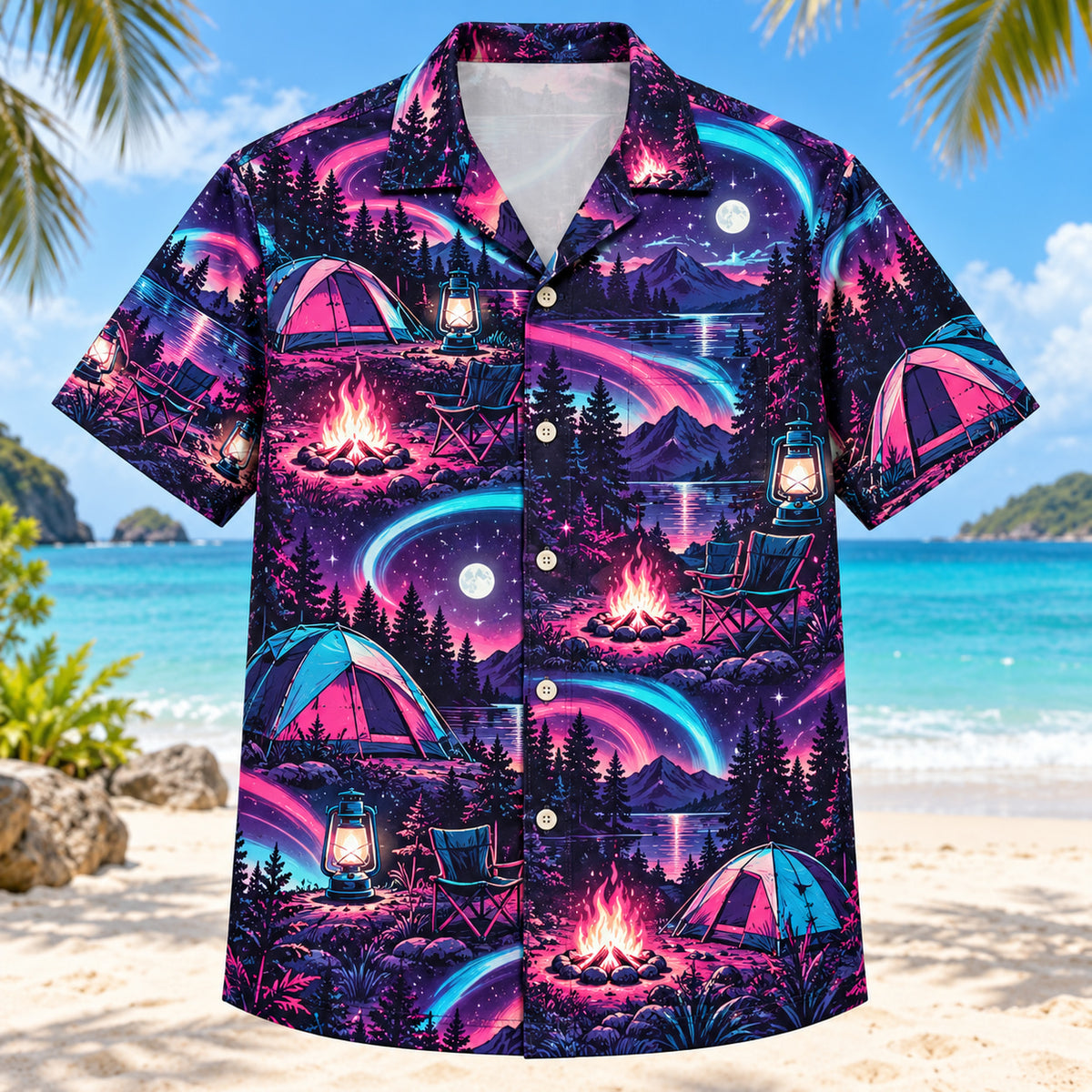 Front view of Neon Burst Tent Camping Hawaiian Shirt with radiating neon flashes, dynamic curves and generic tents, camp lanterns, campfires, chairs and woodland night skies