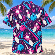 Back view of Neon Pinburst Bowling Hawaiian Shirt with matching bowling artwork in dark plum, hot pink, cyan, warm white