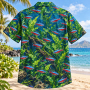 Back view of Neon Tetra Fern Freshwater Aquarium Hawaiian Shirt with matching artwork in cobalt, red, emerald