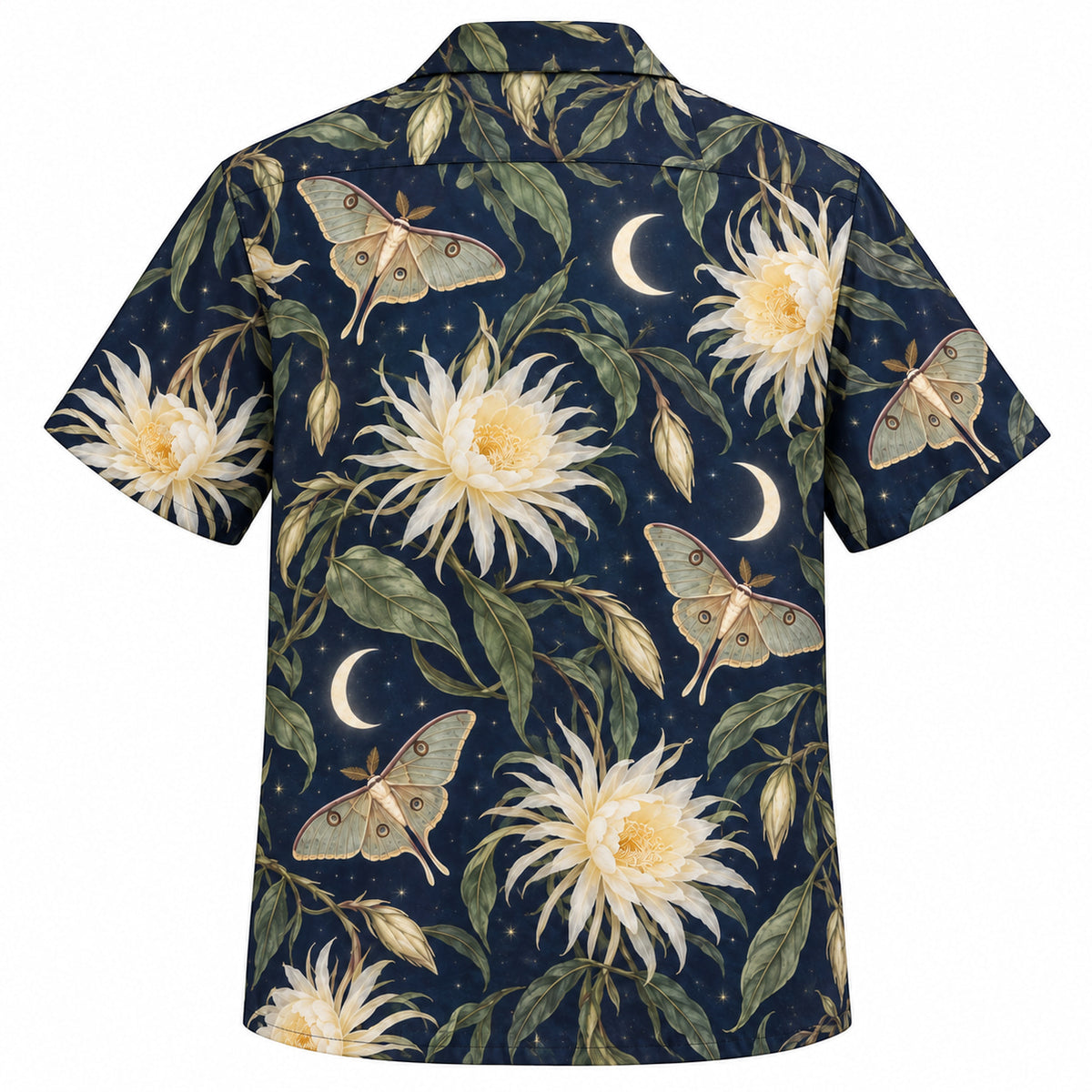 Back view of Night Bloom Adult Halloween Hawaiian Shirt with matching artwork in midnight blue, coral, gold