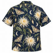 Back view of Night Bloom Adult Halloween Hawaiian Shirt with matching artwork in midnight blue, coral, gold