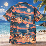 Back view of Night Deck Cruise Travel Hawaiian Shirt with matching artwork in coral, sea blue, sand