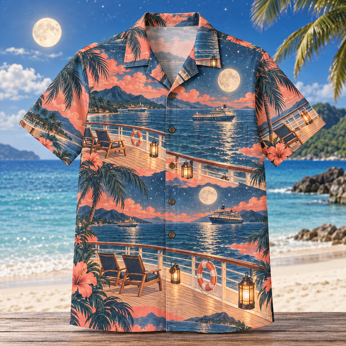 Front view of Night Deck Cruise Travel Hawaiian Shirt with original, text-free illustrations of moonlit decks, stars and small fictional ships