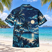 Back view of Night Palm Bachelor Party Hawaiian Shirt with matching artwork in navy, turquoise, cream