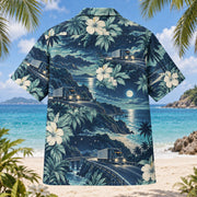 Back view of Night Road Truck Driver Hawaiian Shirt with matching artwork in seafoam, navy, ivory