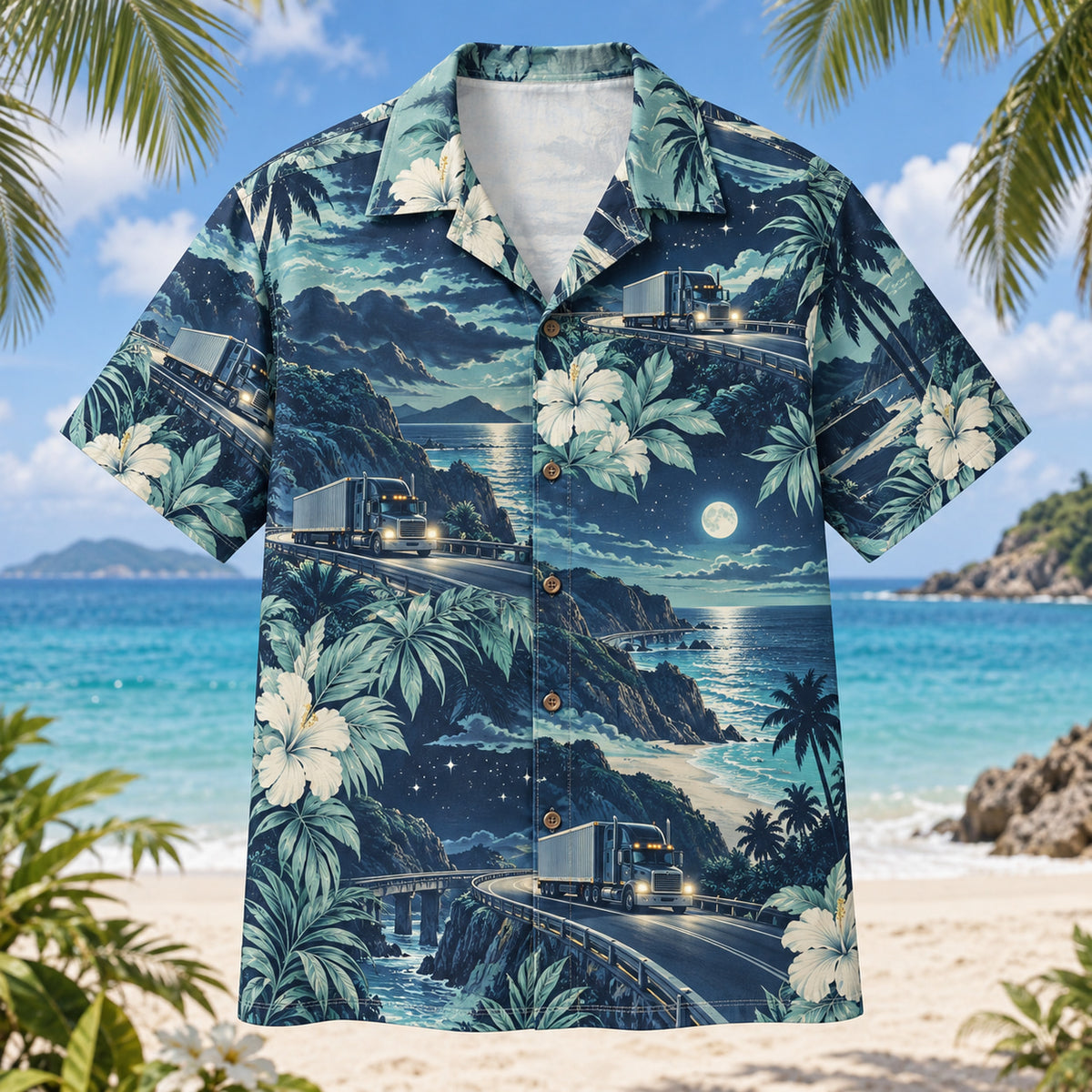 Front view of Night Road Truck Driver Hawaiian Shirt with original night road motifs, with tropical botanical accents; no text or branded equipment