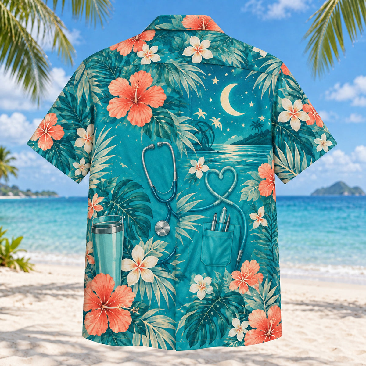 Back view of Night Shift Nurse Hawaiian Shirt with matching artwork in turquoise, coral, cream