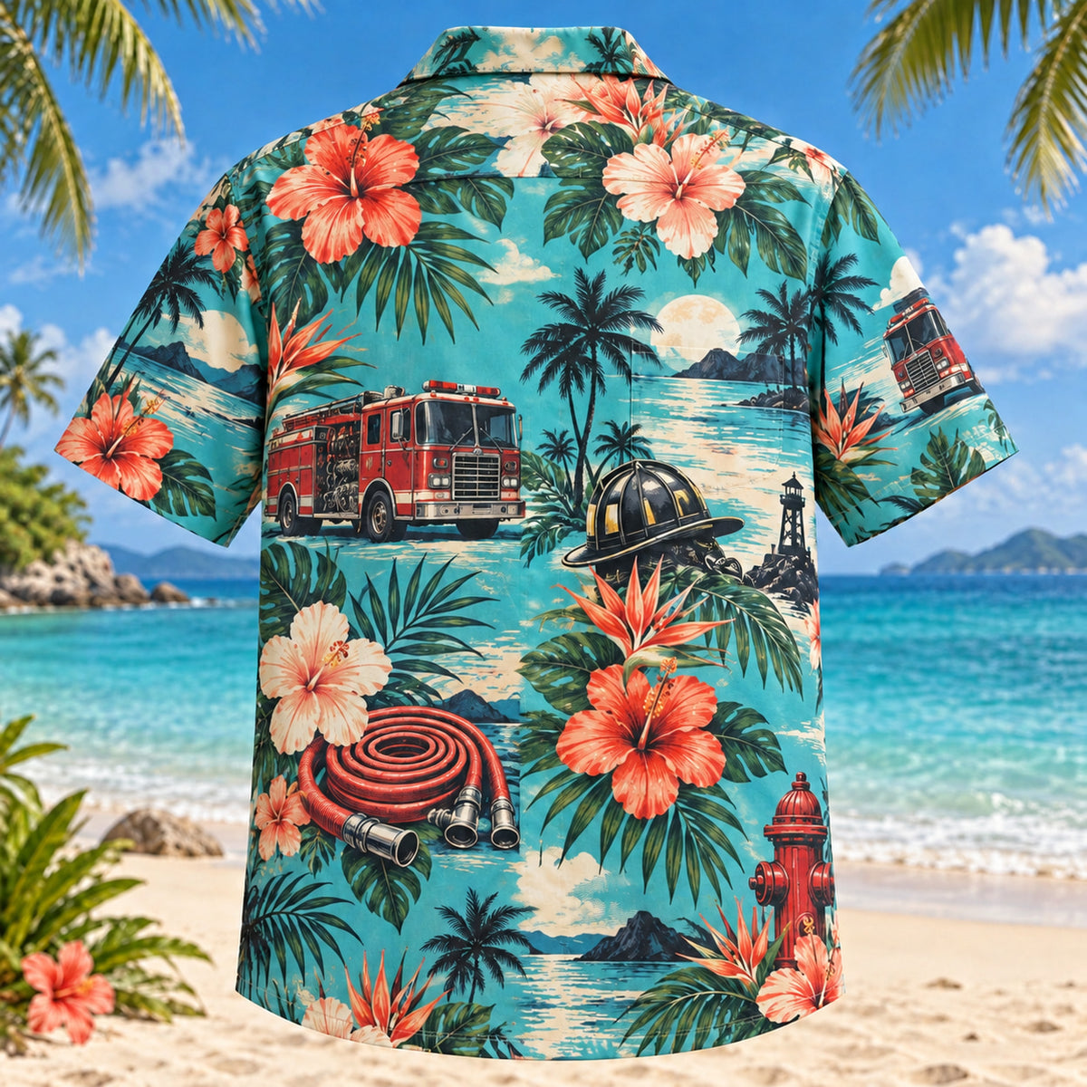 Back view of Night Shift Firefighter Hawaiian Shirt with matching artwork in turquoise, coral, cream