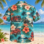 Back view of Night Shift Firefighter Hawaiian Shirt with matching artwork in turquoise, coral, cream
