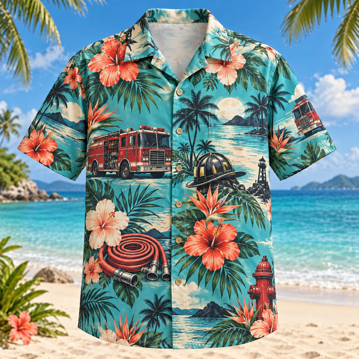 Front view of Night Shift Firefighter Hawaiian Shirt with original night shift motifs, with tropical botanical accents; no text or branded equipment