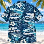 Back view of Night Shift Road Navy EMT and Paramedic Hawaiian Shirt on a Hawaiian beach with fine white sand