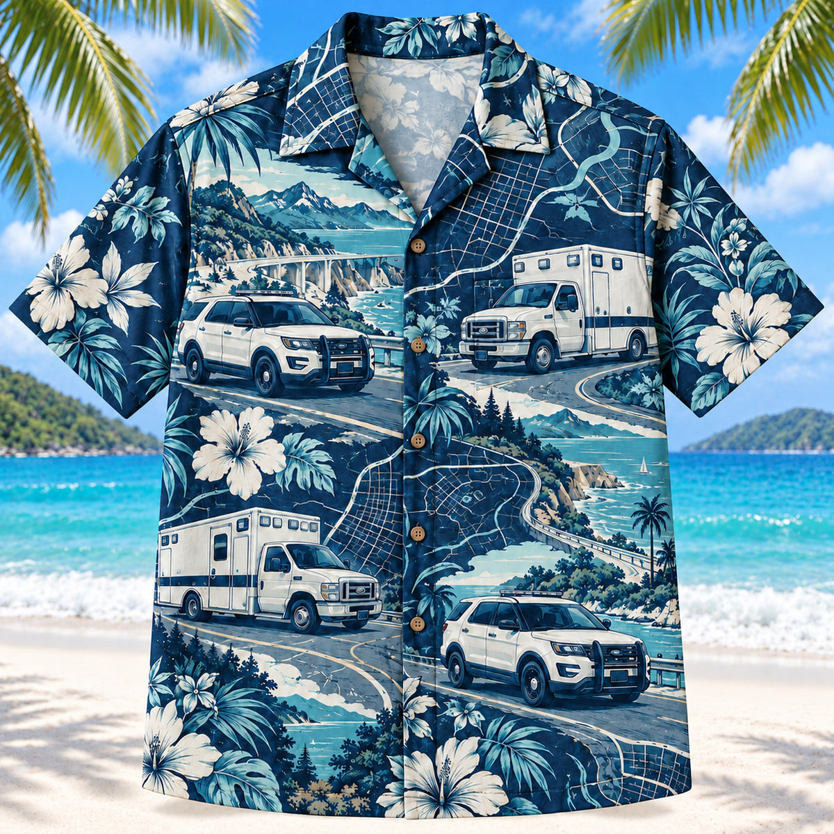 Front view of Night Shift Road Navy EMT and Paramedic Hawaiian Shirt on a Hawaiian beach with fine white sand