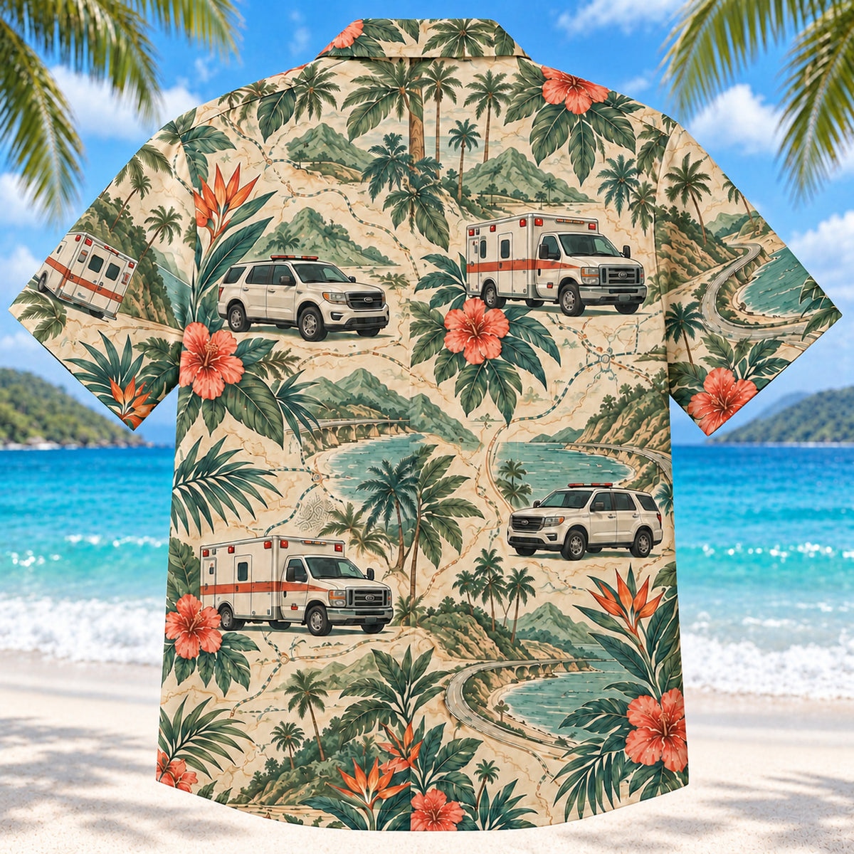 Back view of Night Shift Road Sage EMT and Paramedic Hawaiian Shirt on a Hawaiian beach with fine white sand