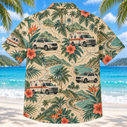 Back view of Night Shift Road Sage EMT and Paramedic Hawaiian Shirt on a Hawaiian beach with fine white sand