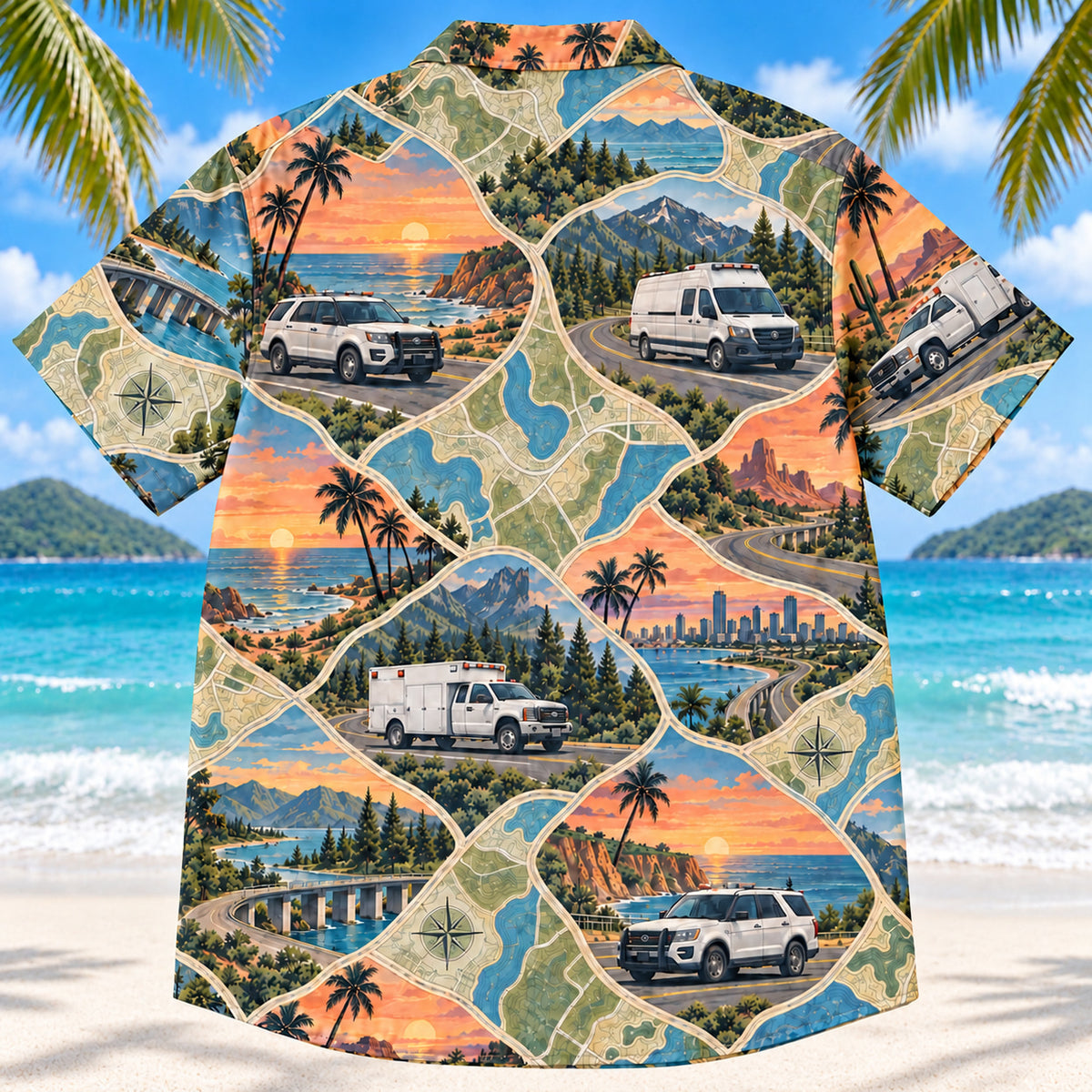 Back view of Night Shift Road Sunset EMT and Paramedic Hawaiian Shirt on a Hawaiian beach with fine white sand