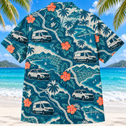 Back view of Night Shift Road Teal EMT and Paramedic Hawaiian Shirt on a Hawaiian beach with fine white sand