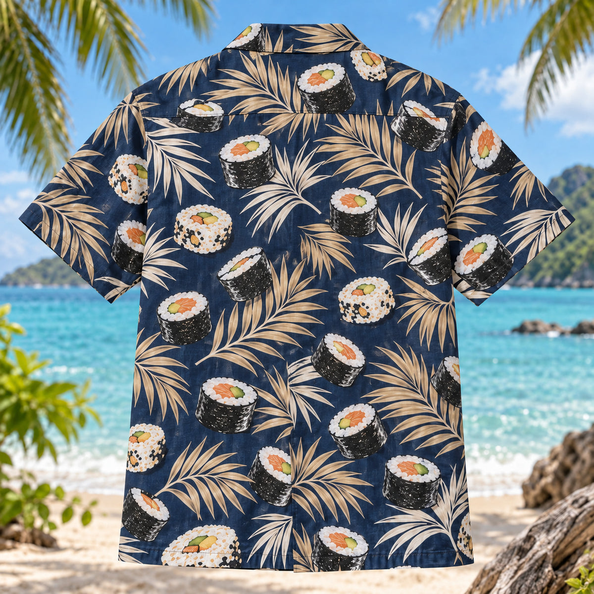 Back view of Nori and Rice Japanese Food Hawaiian Shirt with matching artwork in navy, white, tan