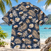 Back view of Nori and Rice Japanese Food Hawaiian Shirt with matching artwork in navy, white, tan