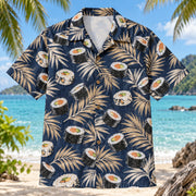 Front view of Nori and Rice Japanese Food Hawaiian Shirt with generic sushi rolls with nori and rice among palm fronds