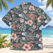Back view of Nozzle Firefighter Hawaiian Shirt with matching artwork in slate, blush, ivory