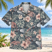 Front view of Nozzle Firefighter Hawaiian Shirt with original nozzle motifs, with tropical botanical accents; no text or branded equipment