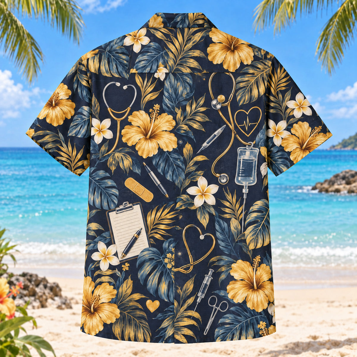 Back view of Nursing Notes Nurse Hawaiian Shirt with matching artwork in midnight, amber, ivory