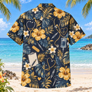 Back view of Nursing Notes Nurse Hawaiian Shirt with matching artwork in midnight, amber, ivory