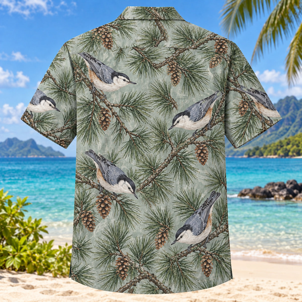 Back view of Nuthatch Pine Birdwatching Hawaiian Shirt with matching bird artwork in slate, green, ivory