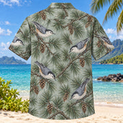 Back view of Nuthatch Pine Birdwatching Hawaiian Shirt with matching bird artwork in slate, green, ivory