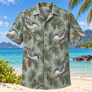 Front view of Nuthatch Pine Birdwatching Hawaiian Shirt with white-breasted nuthatches on pine branches